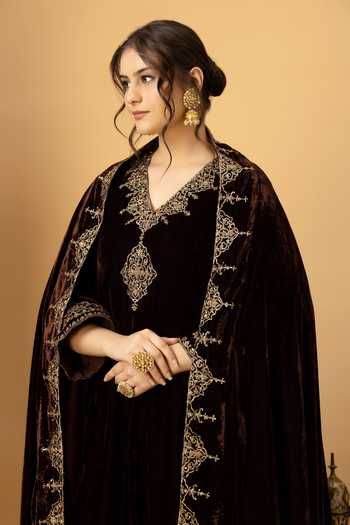 Shop_Afriya_Brown Silk, Velvet Zar-e-makhmal Dupatta _Online_at_Aza_Fashions