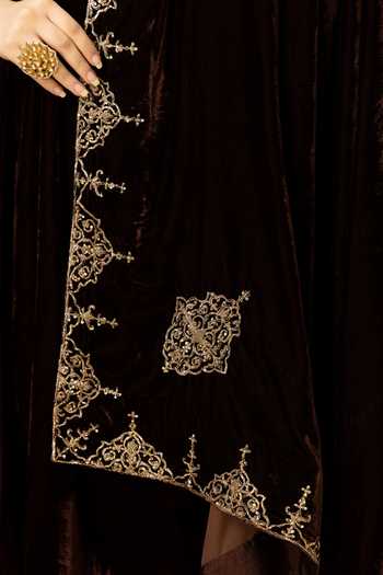 Afriya_Brown Silk, Velvet Zar-e-makhmal Dupatta _at_Aza_Fashions