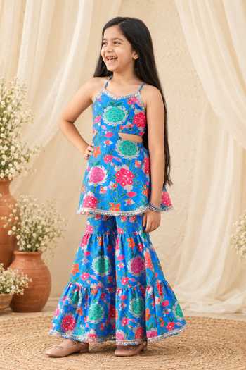 Petite Pomme Blue Rayon Floral Print Kurta And Sharara Set Online at Aza Fashions Petite Pomme_Blue Rayon Floral Print Kurta And Sharara Set _Online_at_Aza_Fashions
