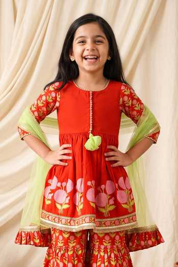 Buy Petite Pomme Red Cotton, Net Butti Print Kurta Set Online at Aza Fashions Buy_Petite Pomme_Red Cotton, Net Butti Print Kurta Set _Online_at_Aza_Fashions