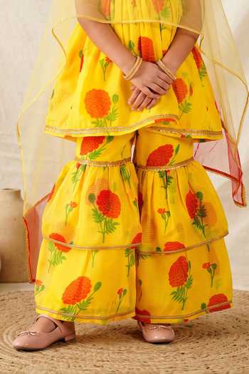Petite Pomme Yellow Kota Doria, Net Printed Sharara Set Online at Aza Fashions Petite Pomme_Yellow Kota Doria, Net Printed Sharara Set _Online_at_Aza_Fashions
