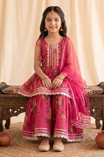 Petite Pomme Pink Net, Kota Doria Floral Print Kurta Sharara Set Online at Aza Fashions Petite Pomme_Pink Net, Kota Doria Floral Print Kurta Sharara Set _Online_at_Aza_Fashions