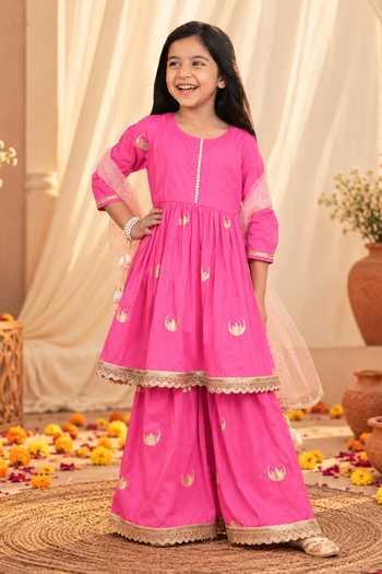Buy Petite Pomme Magenta Cotton, Net Foil Print Kurta Sharara Set at Aza Fashions Buy_Petite Pomme_Magenta Cotton, Net Foil Print Kurta Sharara Set _at_Aza_Fashions