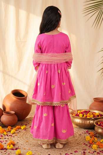 Shop Petite Pomme Magenta Cotton, Net Foil Print Kurta Sharara Set at Aza Fashions Shop_Petite Pomme_Magenta Cotton, Net Foil Print Kurta Sharara Set _at_Aza_Fashions