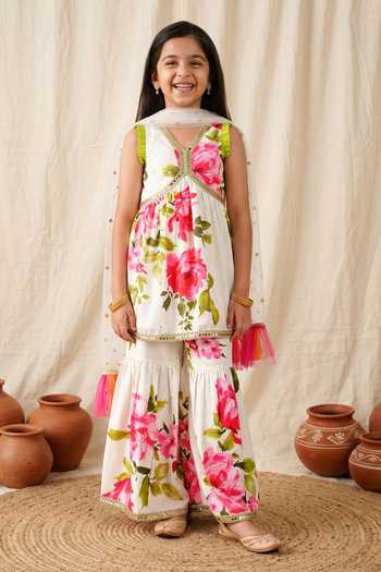 Petite Pomme_Off White Cotton, Net Floral Print A-line Kurta Set _Online_at_Aza_Fashions