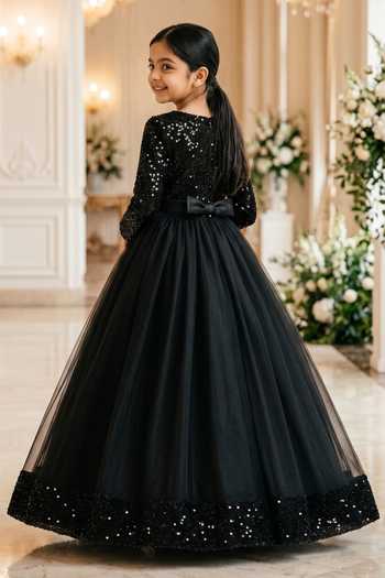 Shop Petite Pomme Black Net, Velvet Placement Embellished Dress at Aza Fashions Shop_Petite Pomme_Black Net, Velvet Placement Embellished Dress _at_Aza_Fashions