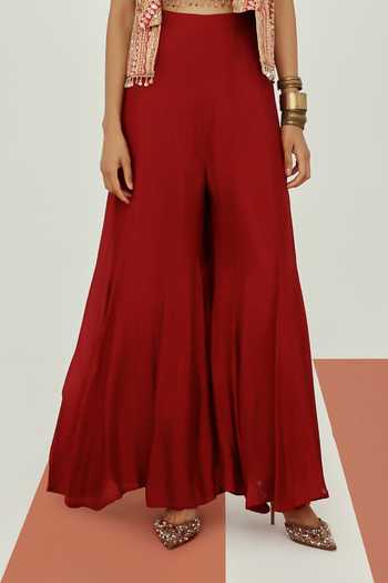 Basanti Kapde Aur Koffee_Red Crepe Square Neck, Mandarin Collar Embroidered Jacket Sharara Set _Online_at_Aza_Fashions