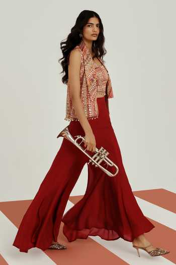 Buy_Basanti Kapde Aur Koffee_Red Crepe Square Neck, Mandarin Collar Embroidered Jacket Sharara Set _Online_at_Aza_Fashions