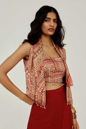 Shop_Basanti Kapde Aur Koffee_Red Crepe Square Neck, Mandarin Collar Embroidered Jacket Sharara Set _Online_at_Aza_Fashions
