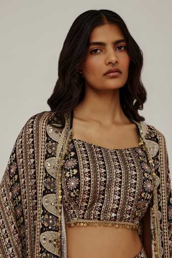 Basanti Kapde Aur Koffee Black Crepe Square Neck The Gilded Noir Printed Cape And Draped Skirt Set Online at Aza Fashions Basanti Kapde Aur Koffee_Black Crepe Square Neck The Gilded Noir Printed Cape And Draped Skirt Set _Online_at_Aza_Fashions