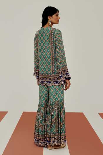 Basanti Kapde Aur Koffee The Sapphire Prism Embroidered Kurta Sharara Set