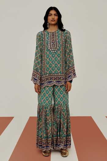 Buy Basanti Kapde Aur Koffee Green Crepe Round Neck The Sapphire Prism Embroidered Kurta Sharara Set Online at Aza Fashions Buy_Basanti Kapde Aur Koffee_Green Crepe Round Neck The Sapphire Prism Embroidered Kurta Sharara Set _Online_at_Aza_Fashions