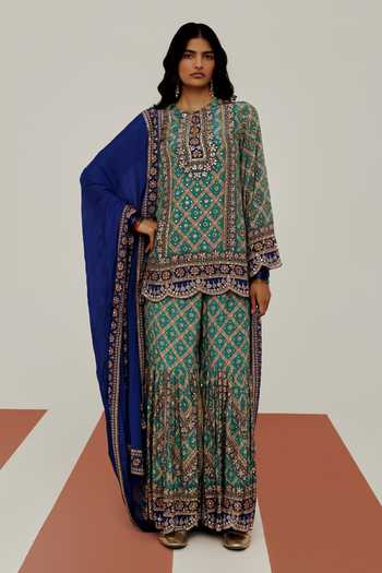 Basanti Kapde Aur Koffee The Sapphire Prism Embroidered Kurta Sharara Set