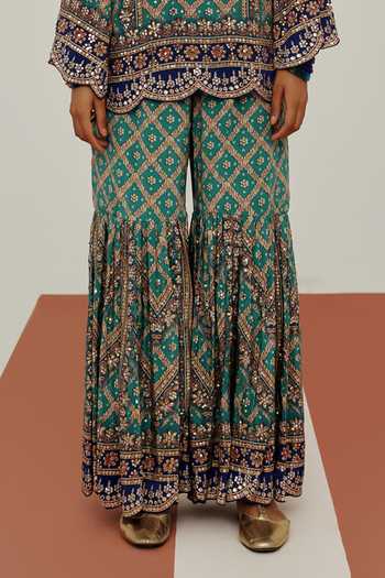 Shop Basanti Kapde Aur Koffee Green Crepe Round Neck The Sapphire Prism Embroidered Kurta Sharara Set Online at Aza Fashions Shop_Basanti Kapde Aur Koffee_Green Crepe Round Neck The Sapphire Prism Embroidered Kurta Sharara Set _Online_at_Aza_Fashions