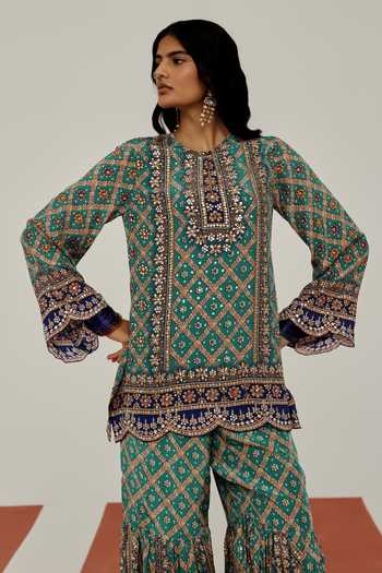 Basanti Kapde Aur Koffee Green Crepe Round Neck The Sapphire Prism Embroidered Kurta Sharara Set at Aza Fashions Basanti Kapde Aur Koffee_Green Crepe Round Neck The Sapphire Prism Embroidered Kurta Sharara Set _at_Aza_Fashions