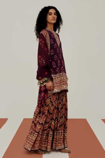 Basanti Kapde Aur Koffee Purple Crepe Round Neck The Obsidian Orchid Print Kurta Sharara Set Online at Aza Fashions Basanti Kapde Aur Koffee_Purple Crepe Round Neck The Obsidian Orchid Print Kurta Sharara Set _Online_at_Aza_Fashions