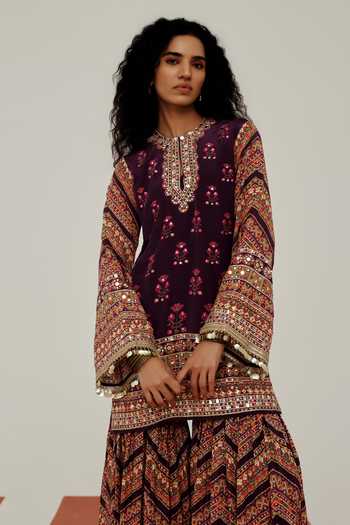 Buy Basanti Kapde Aur Koffee Purple Crepe Round Neck The Obsidian Orchid Print Kurta Sharara Set Online at Aza Fashions Buy_Basanti Kapde Aur Koffee_Purple Crepe Round Neck The Obsidian Orchid Print Kurta Sharara Set _Online_at_Aza_Fashions
