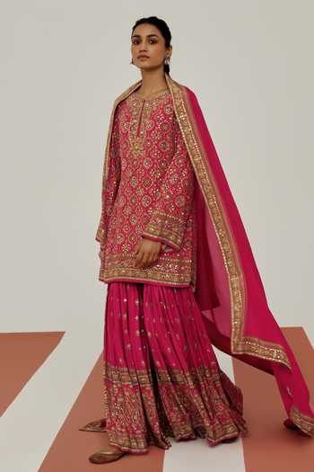 Buy Basanti Kapde Aur Koffee Pink Crepe Round Neck The Archival Kurta Sharara Set Online at Aza Fashions Buy_Basanti Kapde Aur Koffee_Pink Crepe Round Neck The Archival Kurta Sharara Set _Online_at_Aza_Fashions