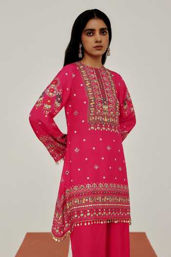 Buy Basanti Kapde Aur Koffee Pink Muslin Round Neck Archival Fuschia Embroidered Kurta Set Online at Aza Fashions Buy_Basanti Kapde Aur Koffee_Pink Muslin Round Neck Archival Fuschia Embroidered Kurta Set _Online_at_Aza_Fashions