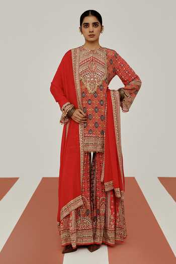 Basanti Kapde Aur Koffee Imperial Scarlet Embroidered Kurta Sharara Set 