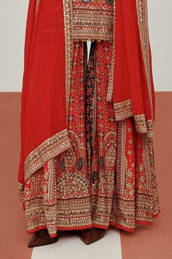 Basanti Kapde Aur Koffee_Red Crepe Round Neck Imperial Scarlet Embroidered Kurta Sharara Set _Online_at_Aza_Fashions