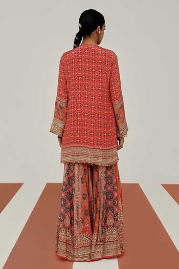 Basanti Kapde Aur Koffee Imperial Scarlet Embroidered Kurta Sharara Set 
