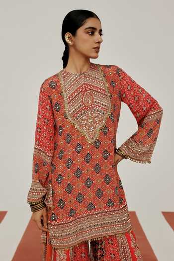 Buy_Basanti Kapde Aur Koffee_Red Crepe Round Neck Imperial Scarlet Embroidered Kurta Sharara Set _Online_at_Aza_Fashions