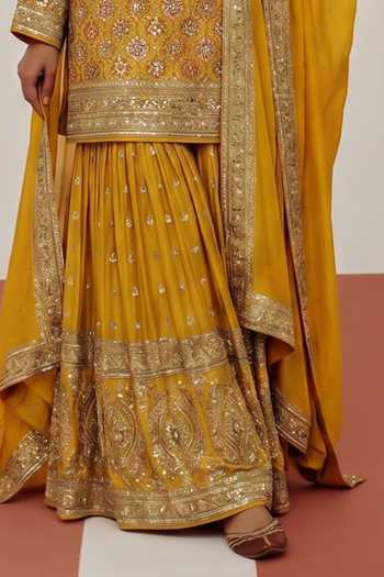 Basanti Kapde Aur Koffee_Yellow Crepe Round Neck The Archival Sapphire Kurta Sharara Set _Online_at_Aza_Fashions