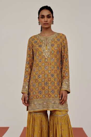 Buy_Basanti Kapde Aur Koffee_Yellow Crepe Round Neck The Archival Sapphire Kurta Sharara Set _Online_at_Aza_Fashions