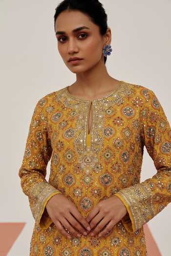 Shop_Basanti Kapde Aur Koffee_Yellow Crepe Round Neck The Archival Sapphire Kurta Sharara Set _Online_at_Aza_Fashions