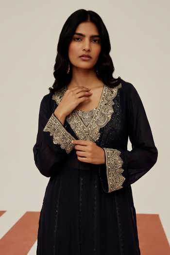Basanti Kapde Aur Koffee_Black Organza Scoop Neck Midnight Eclat Embroidered Kurta And Sharara Set _Online_at_Aza_Fashions