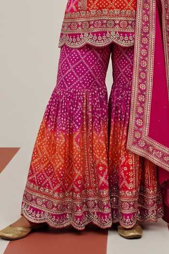 Basanti Kapde Aur Koffee_Pink Crepe Round Neck The Amber Prism Printed Kurta Sharara Set _Online_at_Aza_Fashions