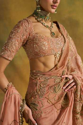 Rishi And Vibhuti_Peach Organza, Crepe Sweetheart Neck Sri Embroidered Saree Set With Dupatta _Online_at_Aza_Fashions