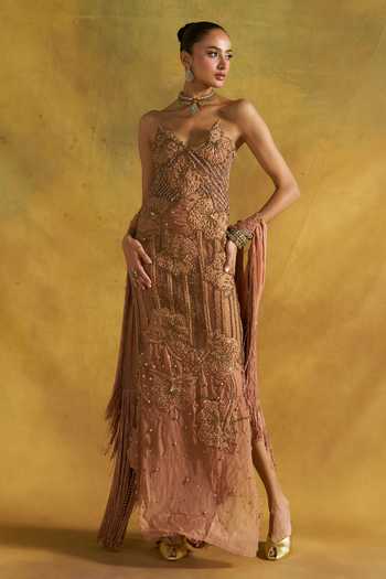 Rishi And Vibhuti_Peach Organza, Net Sweetheart Neck Alley Embroidered Dress With Cape _Online_at_Aza_Fashions