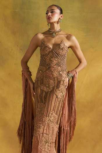 Buy_Rishi And Vibhuti_Peach Organza, Net Sweetheart Neck Alley Embroidered Dress With Cape _Online_at_Aza_Fashions