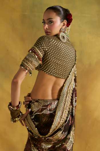 Rishi And Vibhuti_Green Georgette, Jacquard, Chanderi Param Sundari Embroidered Saree With Blouse _Online_at_Aza_Fashions