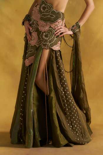 Rishi And Vibhuti Olive Green Organza, Georgette, Crepe, Laila Embroidered Hand Cape Skirt Set Online at Aza Fashions Rishi And Vibhuti_Olive Green Organza, Georgette, Crepe, Laila Embroidered Hand Cape Skirt Set _Online_at_Aza_Fashions