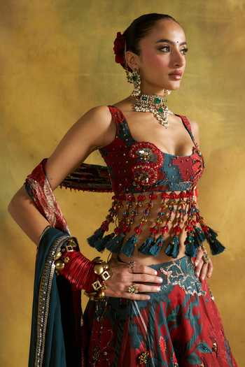Rishi And Vibhuti_Red Organza, Georgette, Jacquard Square Redima Floral Embroidered Lehenga Set _Online_at_Aza_Fashions