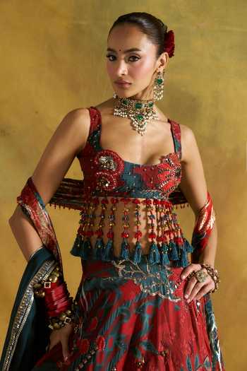 Buy_Rishi And Vibhuti_Red Organza, Georgette, Jacquard Square Redima Floral Embroidered Lehenga Set _Online_at_Aza_Fashions