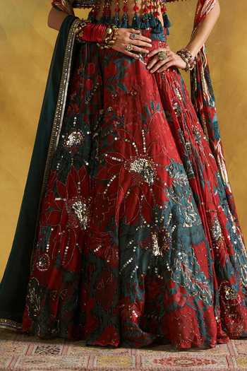 Shop_Rishi And Vibhuti_Red Organza, Georgette, Jacquard Square Redima Floral Embroidered Lehenga Set _Online_at_Aza_Fashions