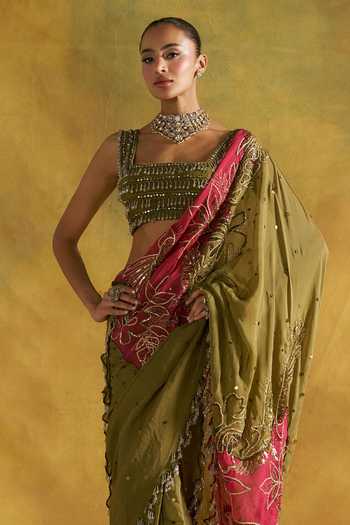 Rishi And Vibhuti_Olive Green Organza, Crepe Square Neck Janejaan Embroidered Saree With Blouse _Online_at_Aza_Fashions