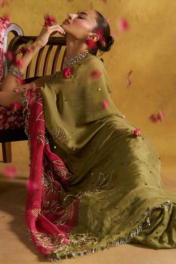 Buy_Rishi And Vibhuti_Olive Green Organza, Crepe Square Neck Janejaan Embroidered Saree With Blouse _Online_at_Aza_Fashions