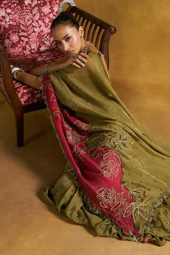 Shop_Rishi And Vibhuti_Olive Green Organza, Crepe Square Neck Janejaan Embroidered Saree With Blouse _Online_at_Aza_Fashions