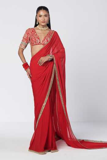 Buy_Rishi And Vibhuti_Red Organza, Crepe Plunge Neck Clarie Saree With Embroidered Blouse _Online_at_Aza_Fashions
