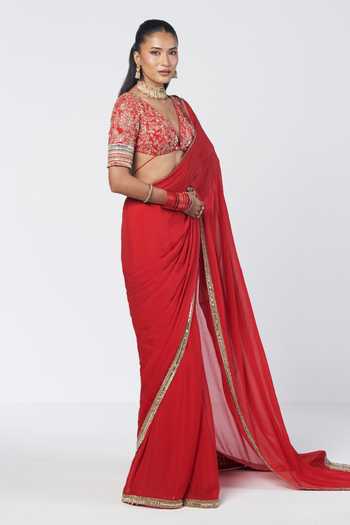 Rishi And Vibhuti_Red Organza, Crepe Plunge Neck Clarie Saree With Embroidered Blouse _at_Aza_Fashions