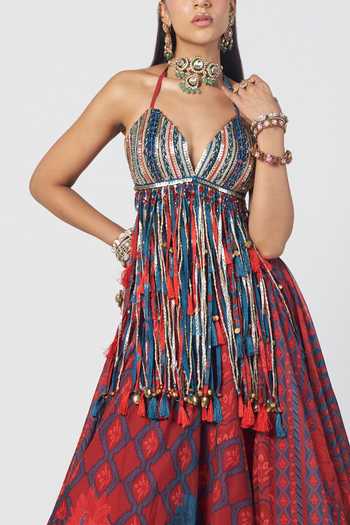 Rishi And Vibhuti_Red Organza, Crepe, Net Beads, Tassels Tabasco Bahar Bralette And Skirt Set _Online_at_Aza_Fashions