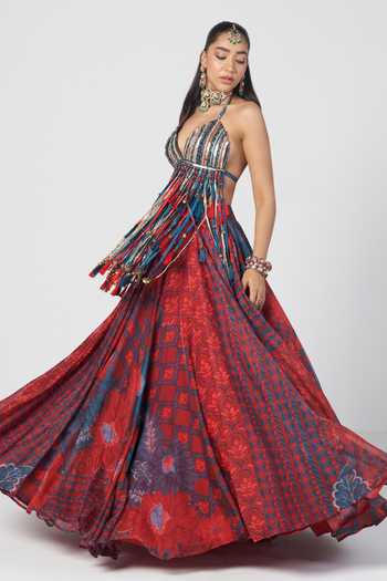 Buy_Rishi And Vibhuti_Red Organza, Crepe, Net Beads, Tassels Tabasco Bahar Bralette And Skirt Set _Online_at_Aza_Fashions