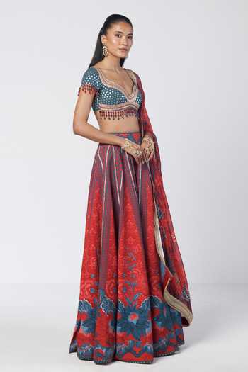 Rishi And Vibhuti_Blue Silk, Organza, Chanderi, Crepe Sweetheart Neck Leher Printed Lehenga Set _Online_at_Aza_Fashions