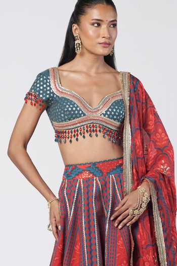 Buy_Rishi And Vibhuti_Blue Silk, Organza, Chanderi, Crepe Sweetheart Neck Leher Printed Lehenga Set _Online_at_Aza_Fashions