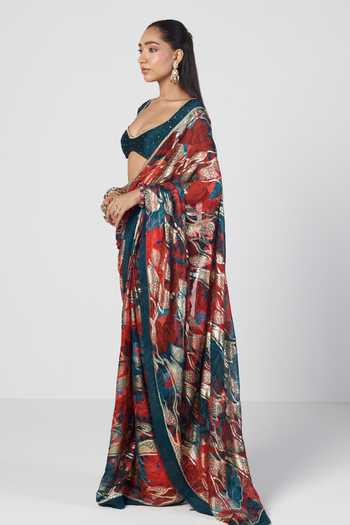 Rishi And Vibhuti_Multi Color Silk, Georgette, Chanderi, Jacquard Jugmug Printed Saree With Blouse _Online_at_Aza_Fashions
